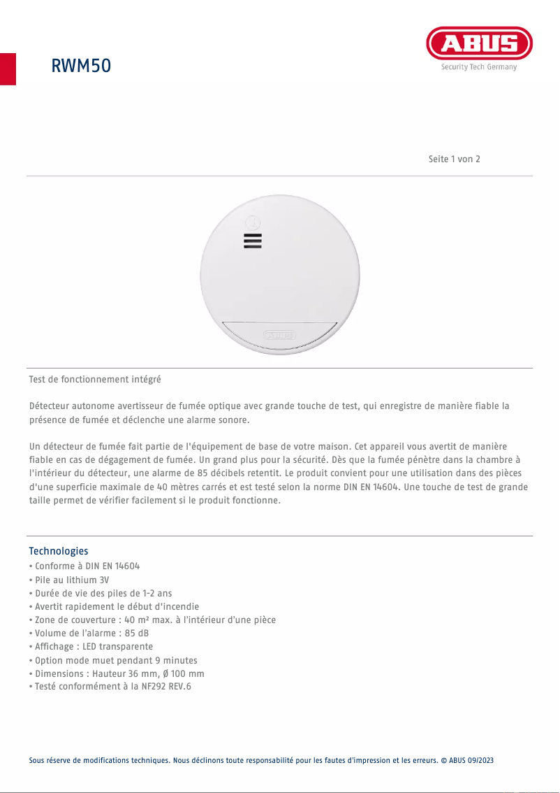 Page n°1 - Fiche technique Abus RWM50