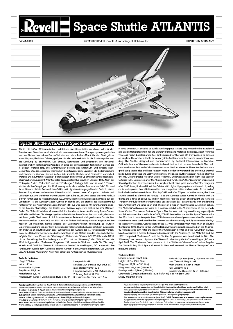 Page 1 de la notice Manuel utilisateur Revell Space Shuttle Atlantis