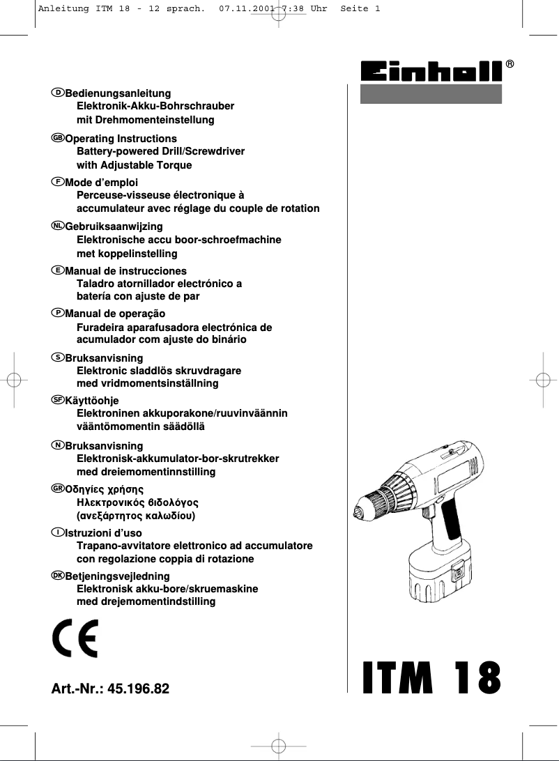 Page n°1 - Manuel utilisateur Einhell ITM 18