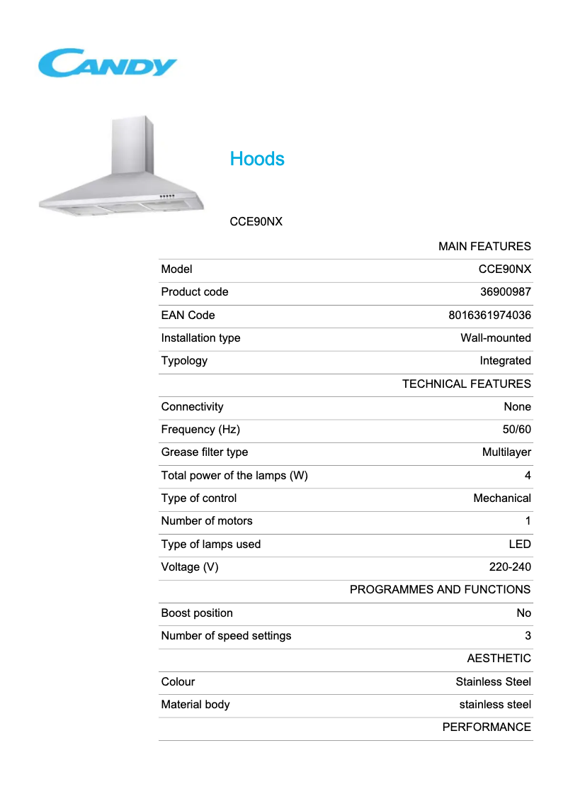 Page n°1 - Fiche technique Candy CCE90NX