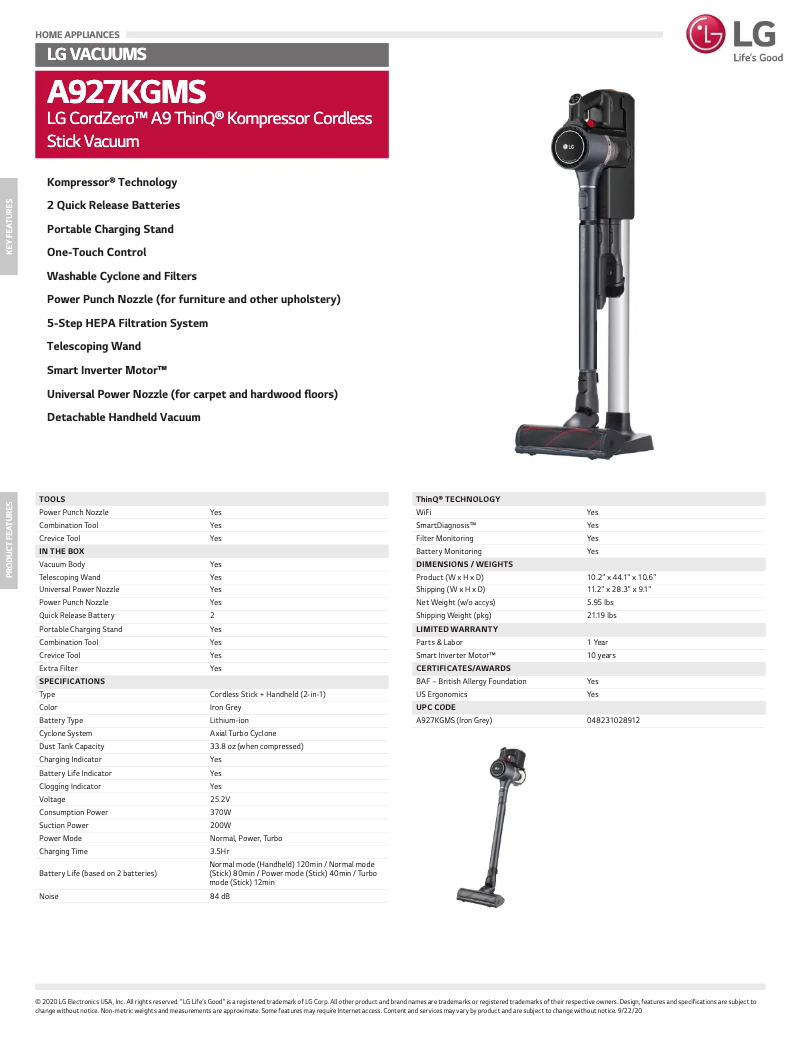 Page 1 de la notice Fiche technique LG A927KGMS