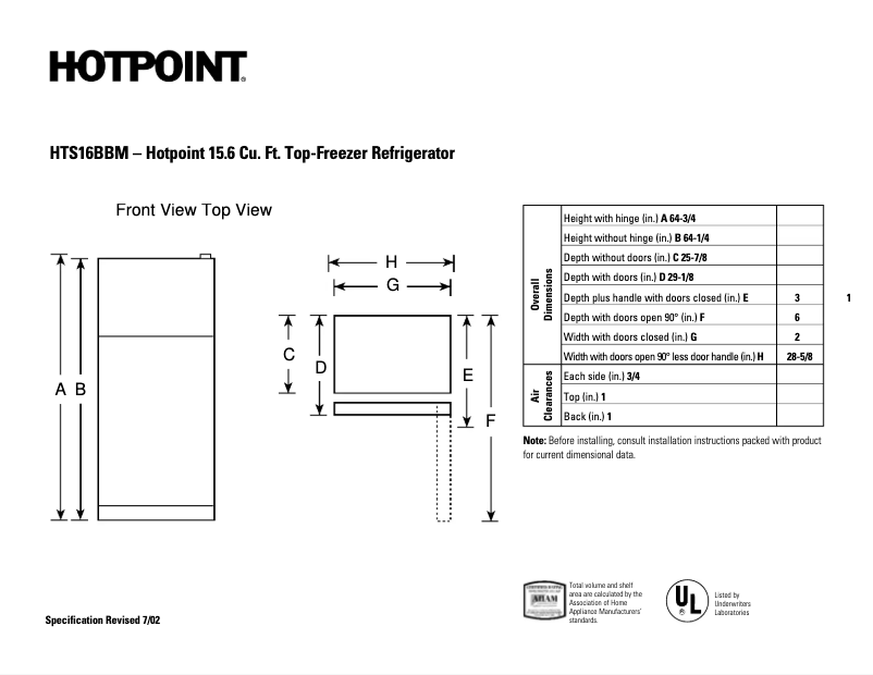 Page 1 de la notice Fiche technique Hotpoint HTS16BBMLWW