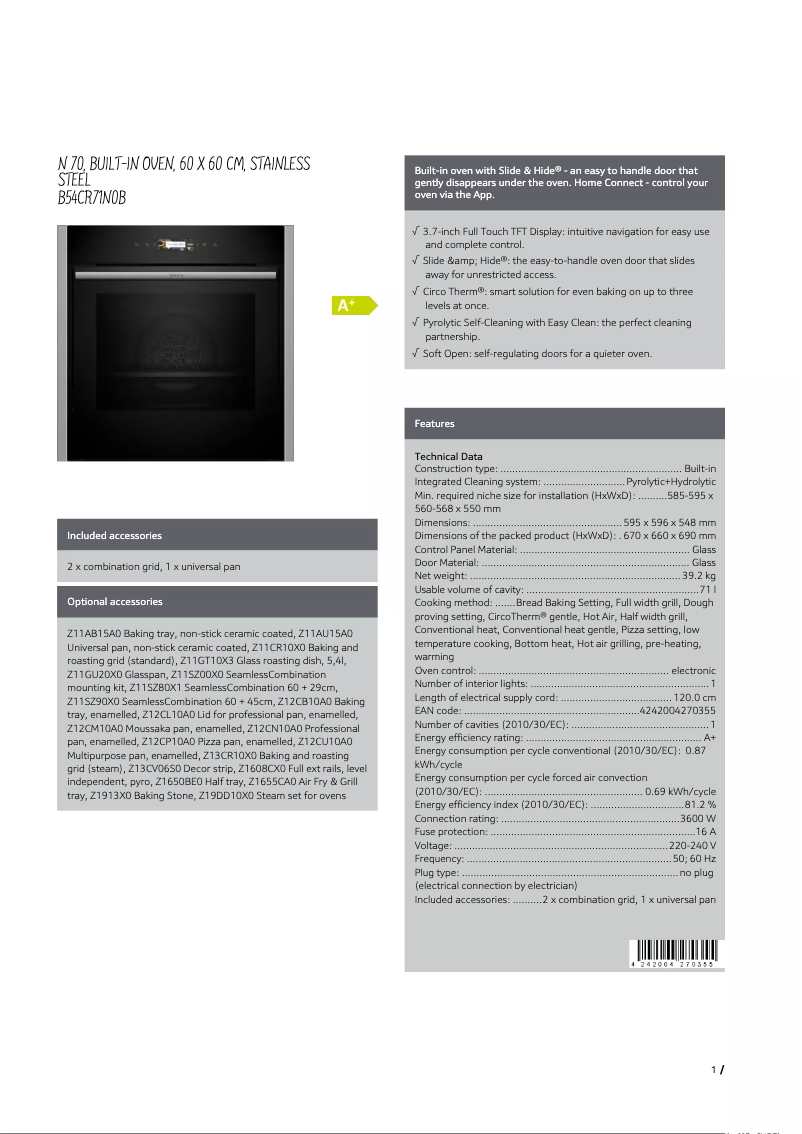Page n°1 - Fiche technique Neff B54CR71N0B