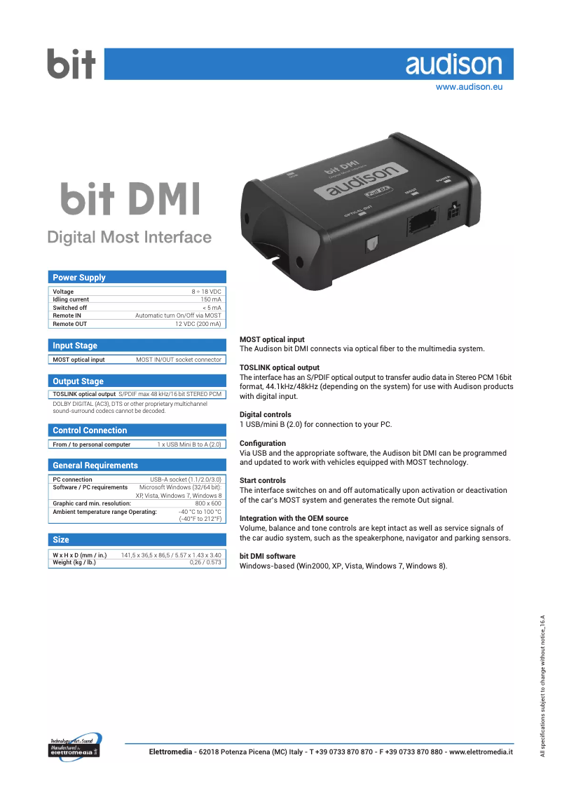 Page 1 de la notice Manuel utilisateur Audison bit DMI