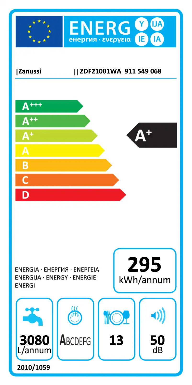 Page 1 de la notice Label énergétique Zanussi ZDF21001WA
