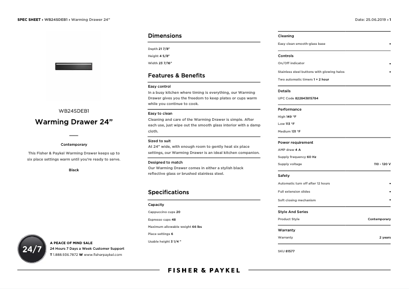 Page n°1 - Fiche technique Fisher & Paykel WB24SDEB1