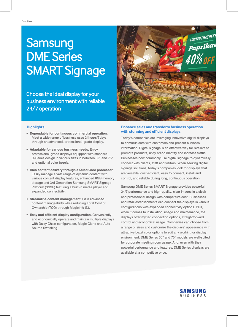 Page 1 de la notice Fiche technique Samsung SMART Signage DM40E