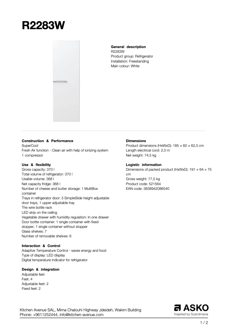 Page n°1 - Fiche technique Asko R2283W