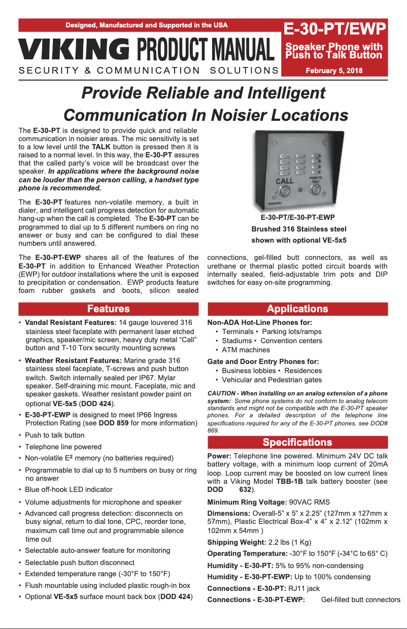 Page n°1 - Manuel utilisateur Viking E-30-PT-EWP