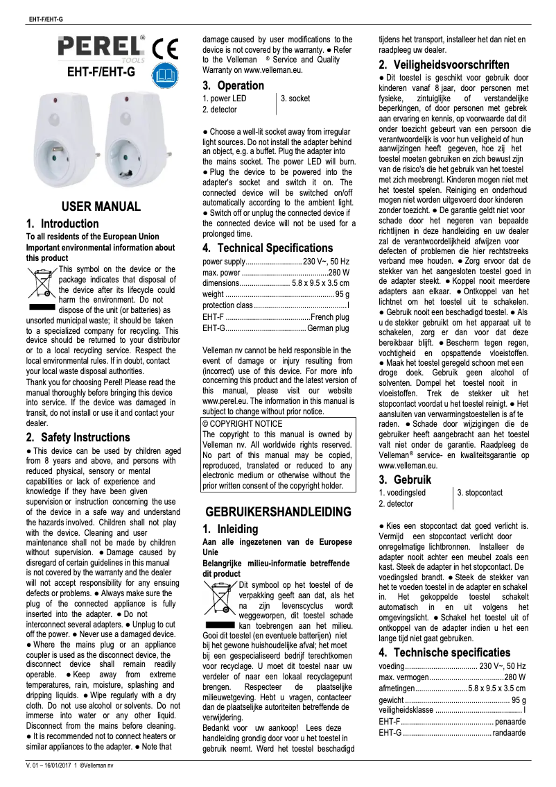 Page 1 de la notice Manuel utilisateur Perel EHT-F