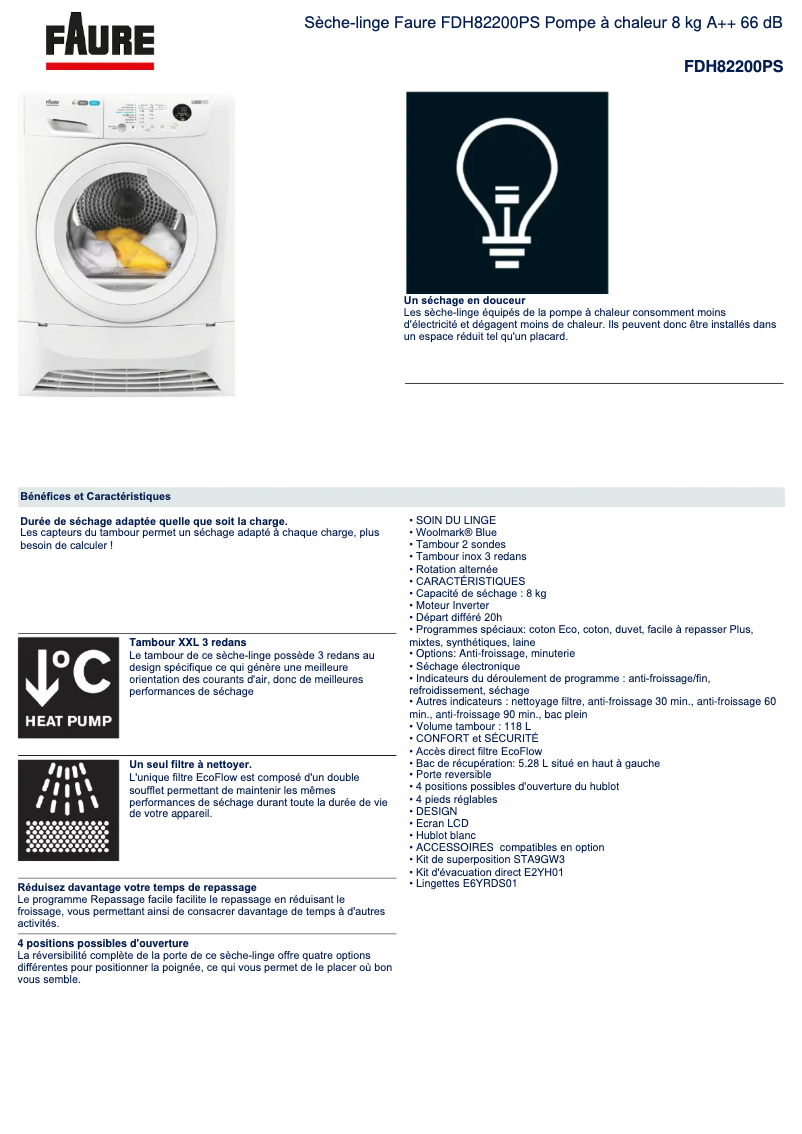 Page 1 de la notice Fiche technique Faure FDH82200PS