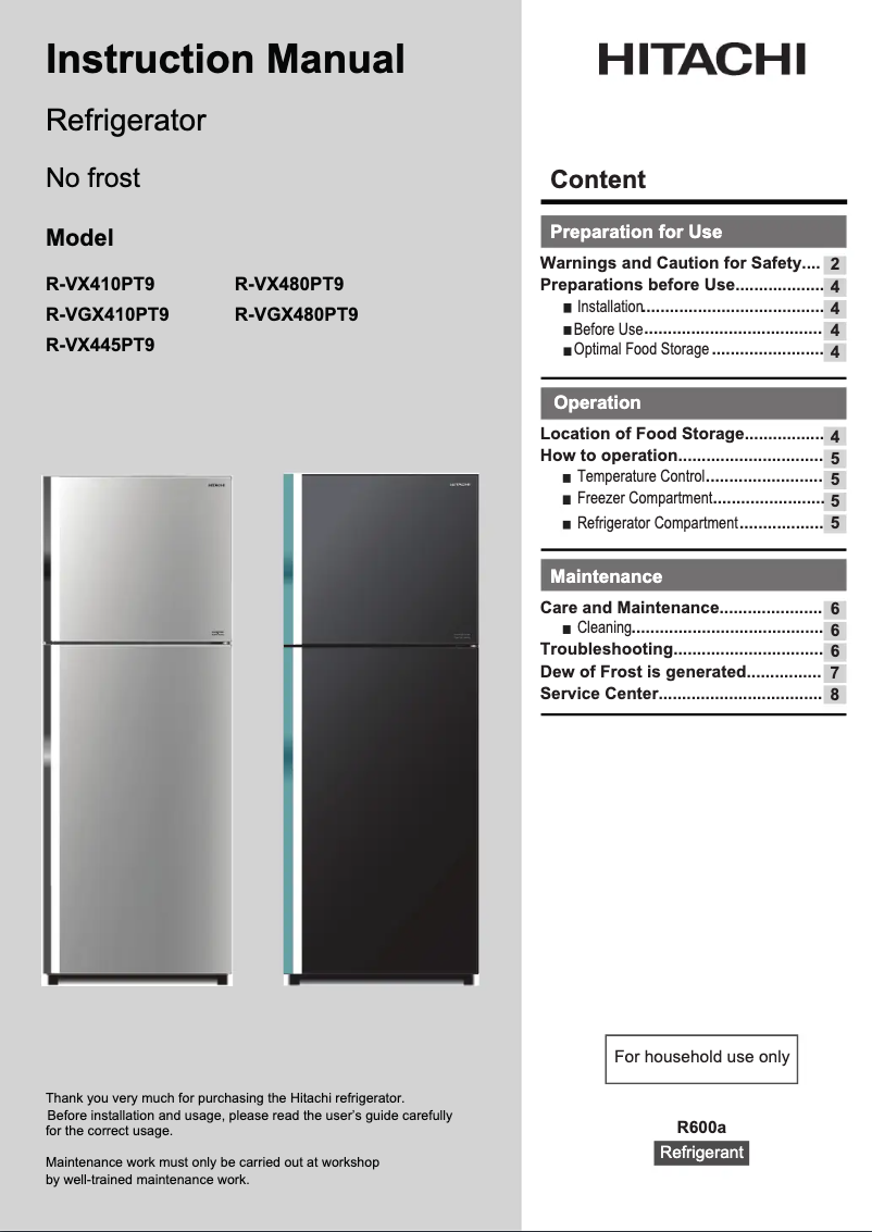Page 1 de la notice Manuel utilisateur Hitachi R-VX480PT9
