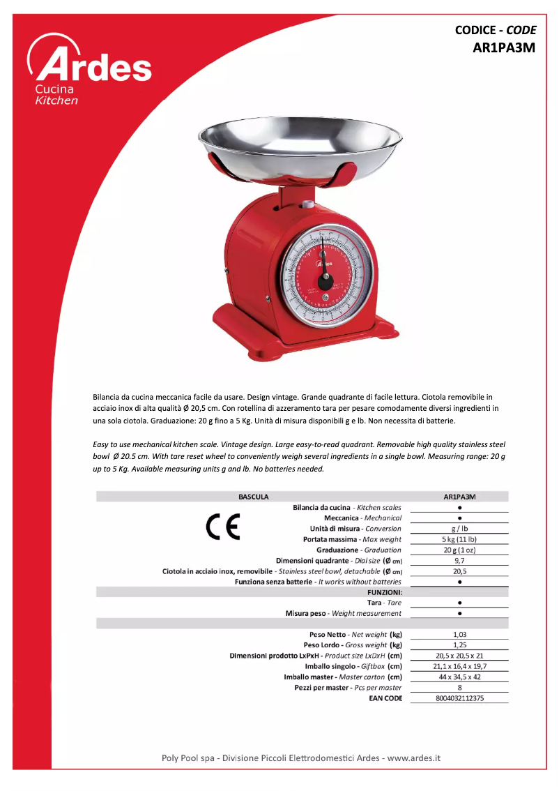 Page 1 de la notice Fiche technique Ardes AR1PA3M