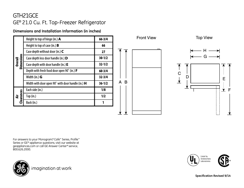 Page 1 of the manual Technical Sheet GE GTH21GCEWW