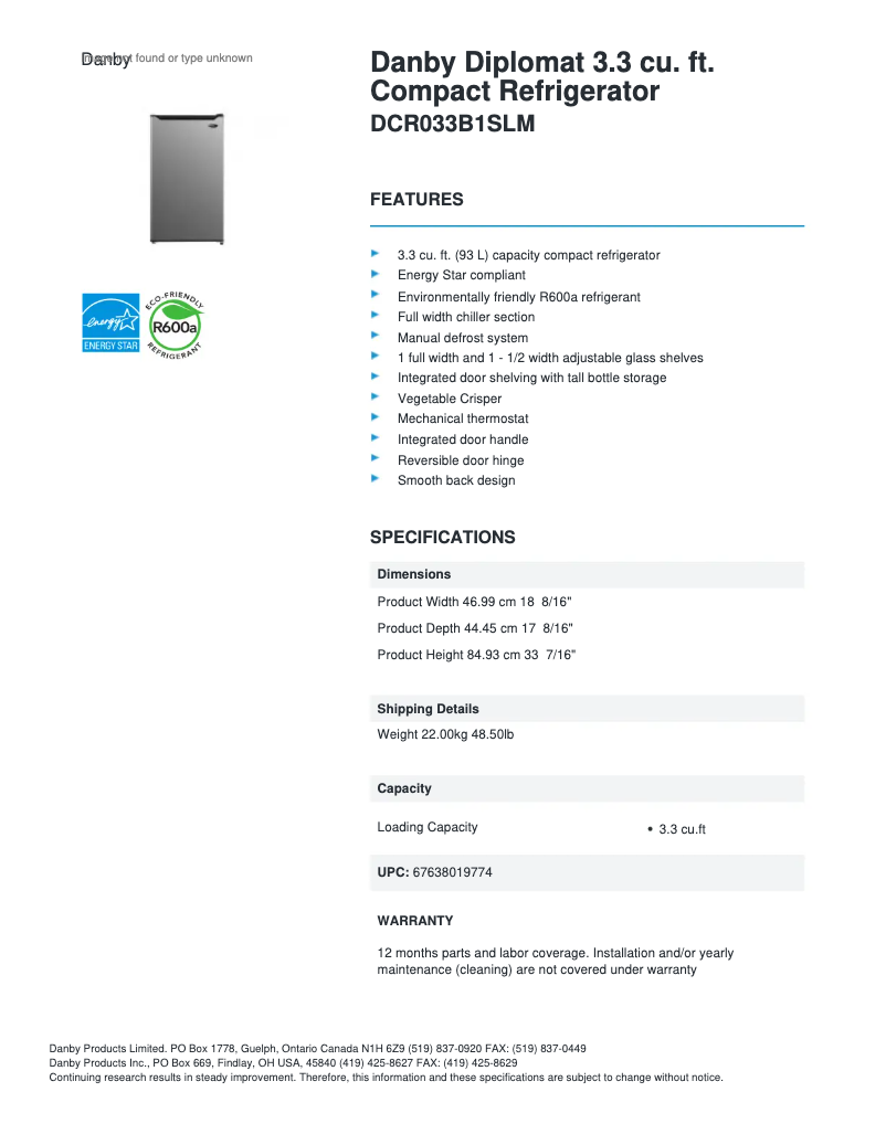 Page n°1 - Fiche technique Danby DCR033B1SLM