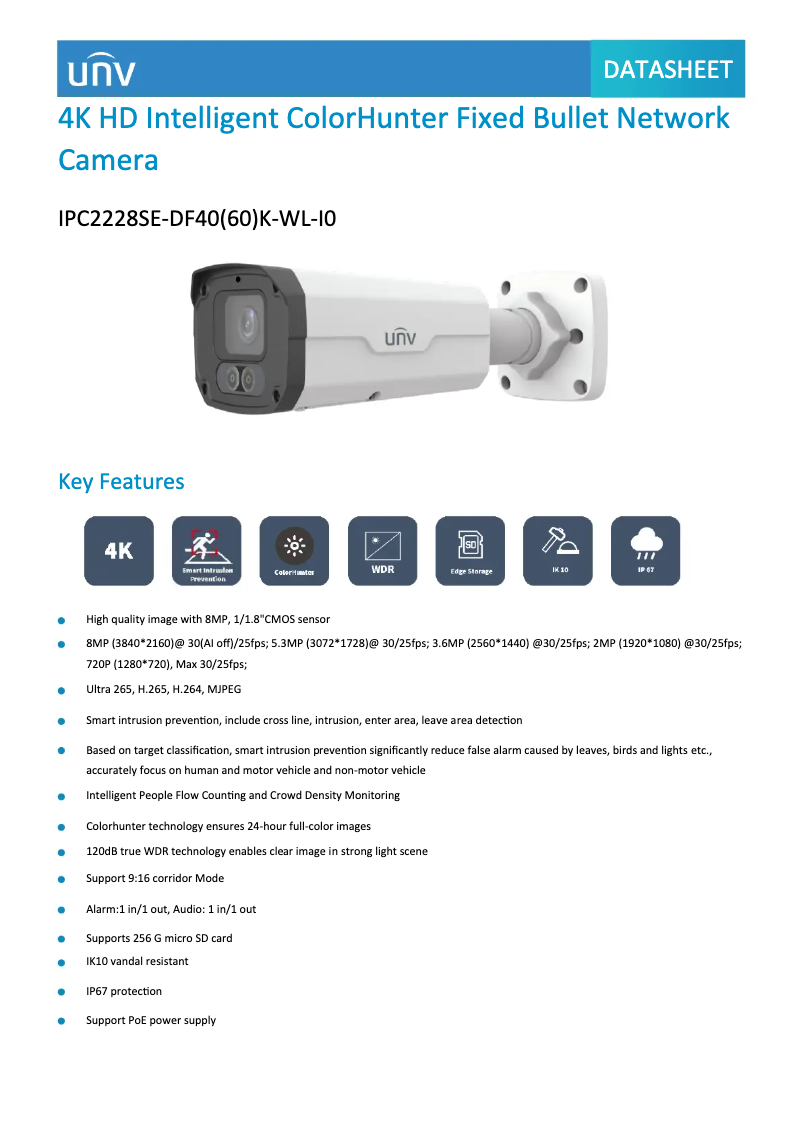 Page n°1 - Fiche technique UniView IPC2228SE-DF40(60)K-WL-I0