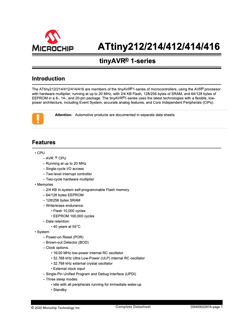 Page 1 de la notice Manuel utilisateur Microchip ATTINY212