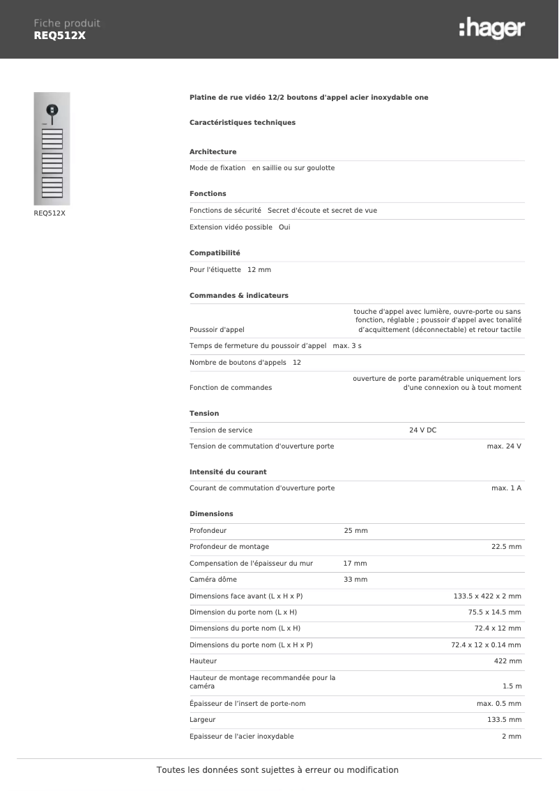Page 1 de la notice Fiche technique Hager REQ512X