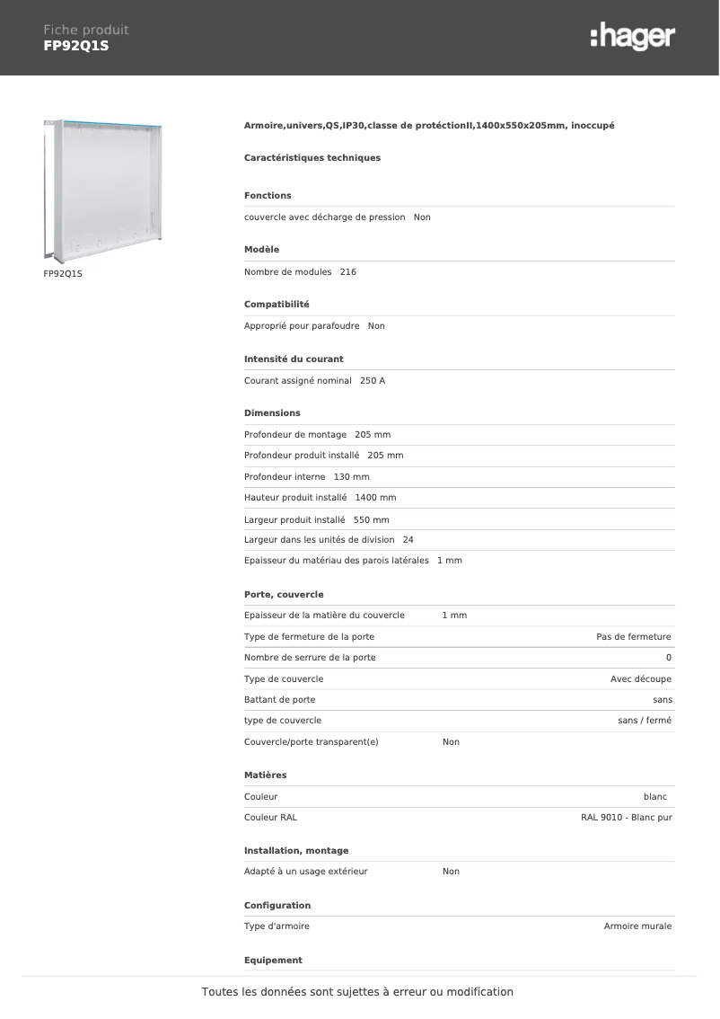 Page 1 de la notice Manuel utilisateur Hager FP92Q1S