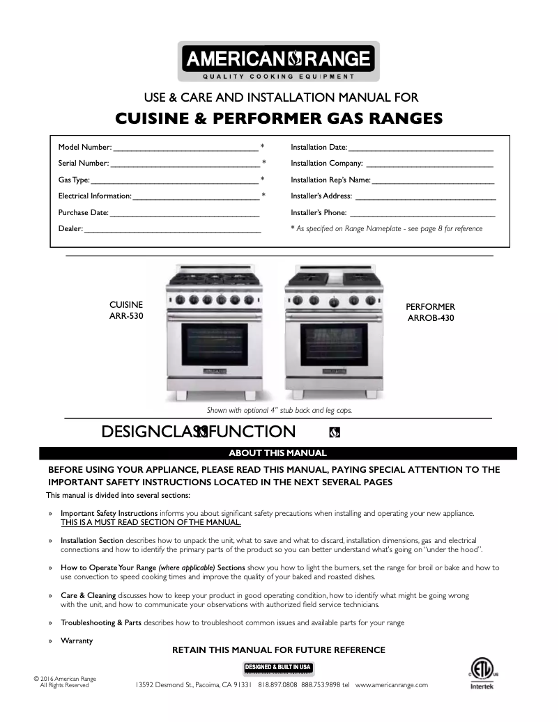 Page 1 de la notice Manuel utilisateur American Range ARR6602GRL