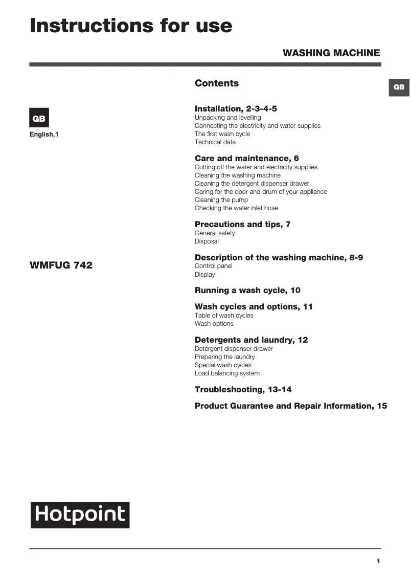 Page n°1 - Manuel utilisateur Hotpoint WMFUG 742 P UK.M