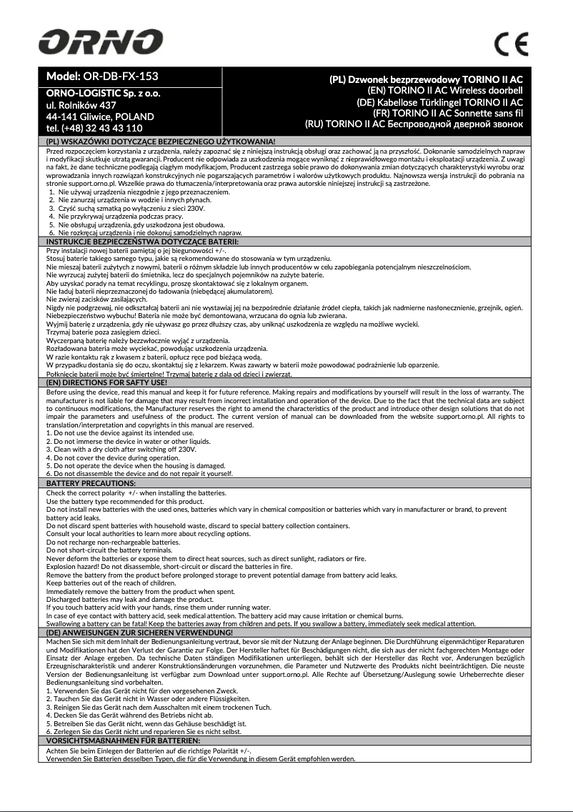 Imagen de la primera página del manual del dispositivo OR-DB-FX-153