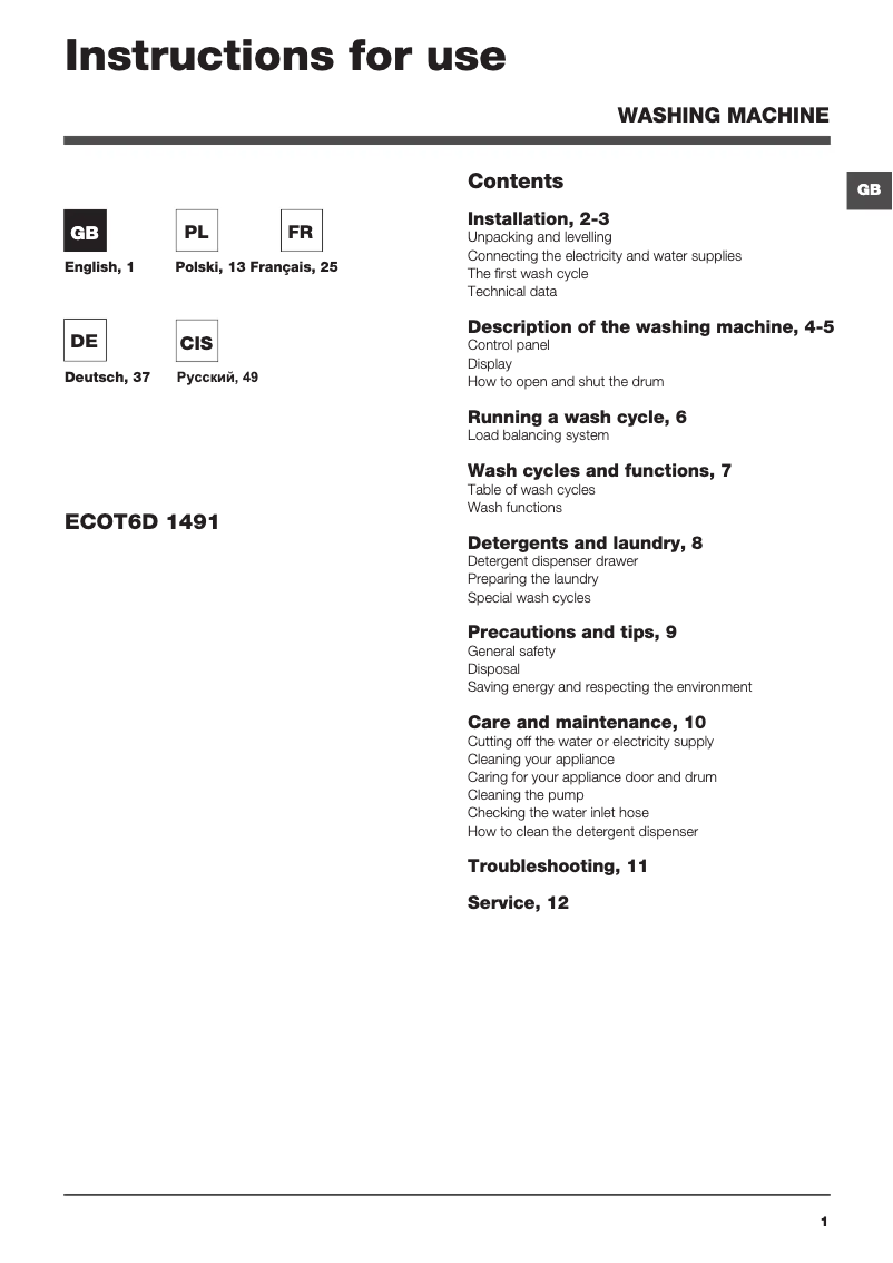 Page 1 de la notice Manuel utilisateur Hotpoint Ariston ECOT6D 1491 (EU)