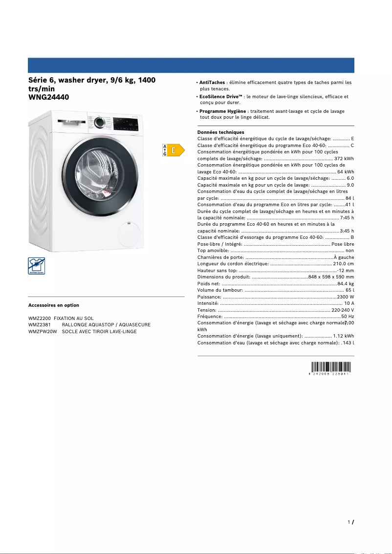 Page 1 de la notice Fiche technique Bosch WNG24440