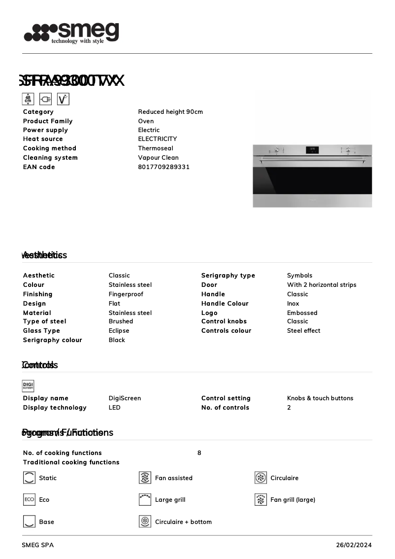 Page 1 de la notice Fiche technique Smeg SFRA9300TVX