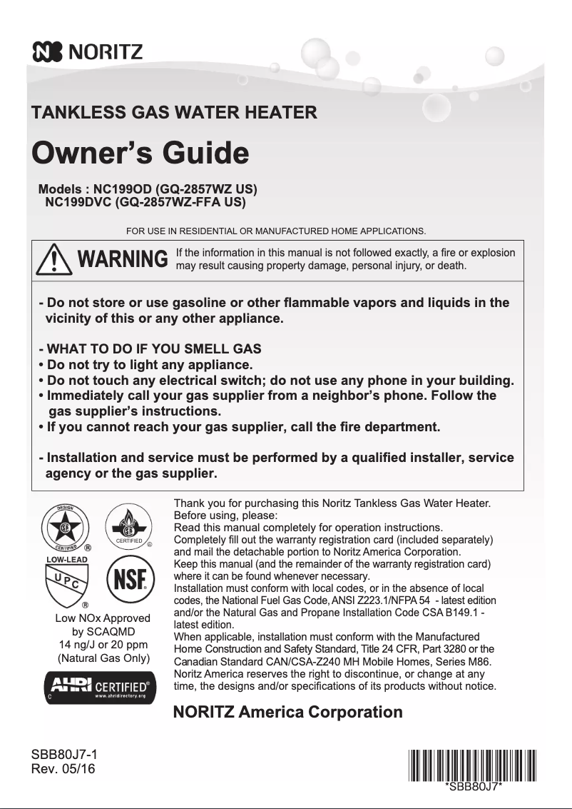 Page 1 de la notice Manuel utilisateur Noritz NC199OD