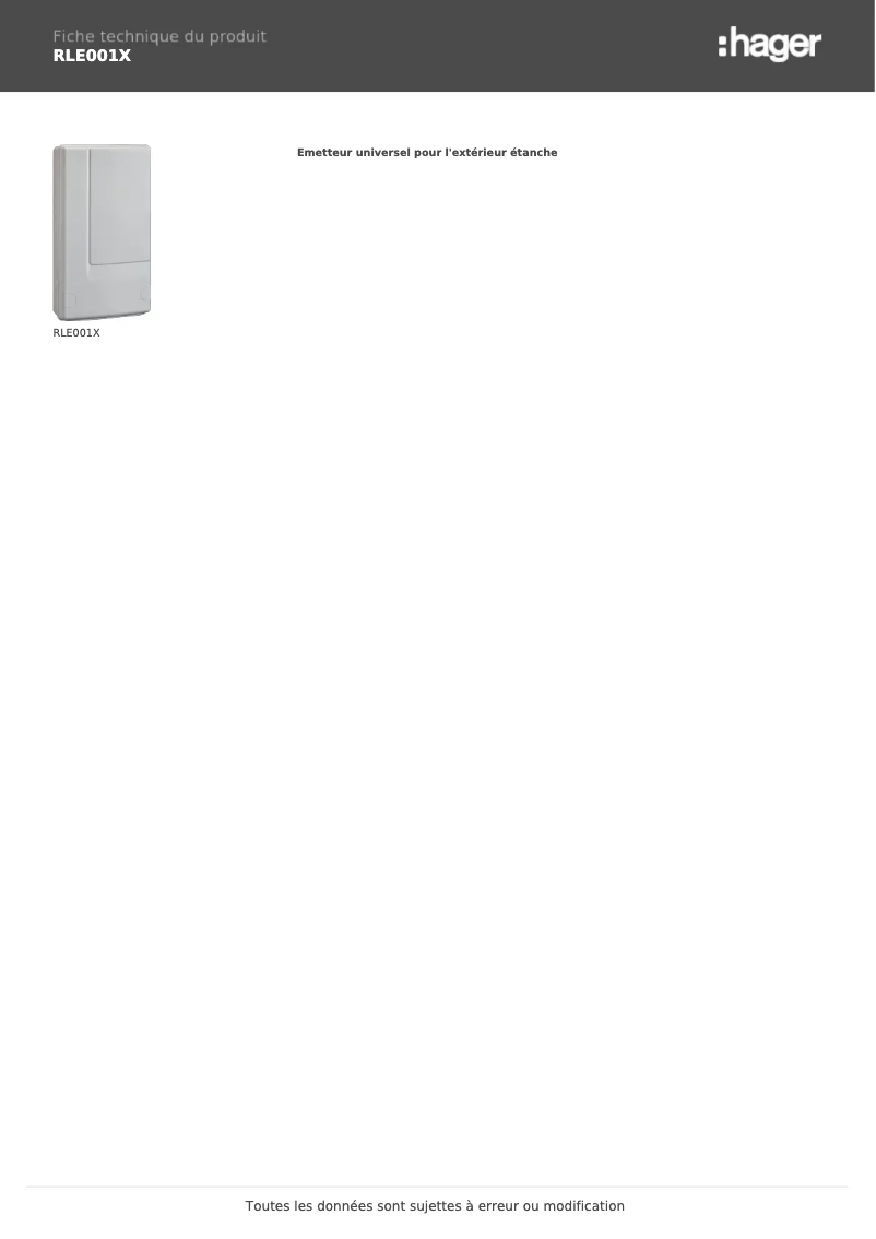 Page 1 de la notice Fiche technique Hager RLE001X