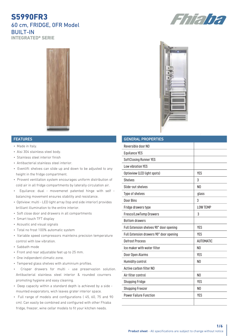 Page 1 de la notice Fiche technique Fhiaba S5990FR3A