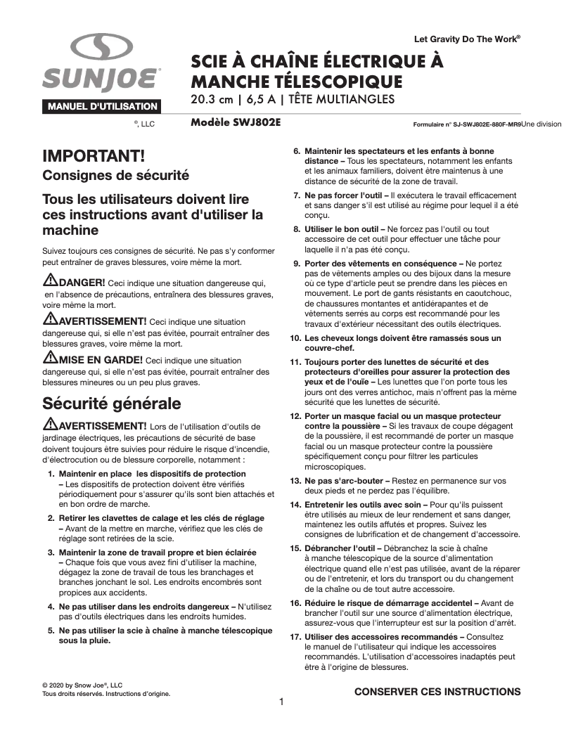 Page n°1 - Manuel utilisateur Sun Joe SWJ802E-SJB