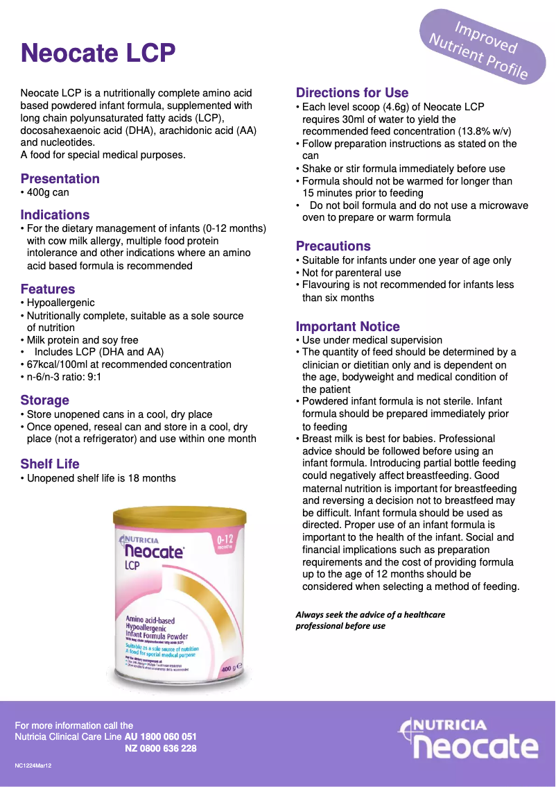 Page n°1 - Manuel utilisateur Nutricia Neocate LCP