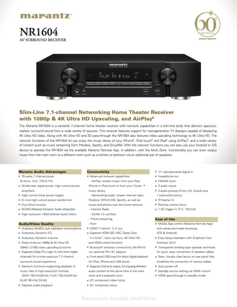 Page 1 de la notice Fiche technique Marantz NR1604