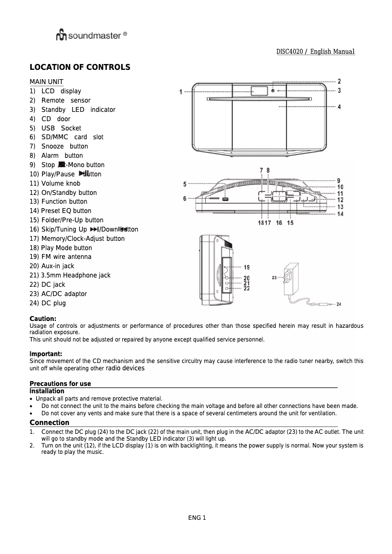Page 1 de la notice Manuel utilisateur Soundmaster DISC4020