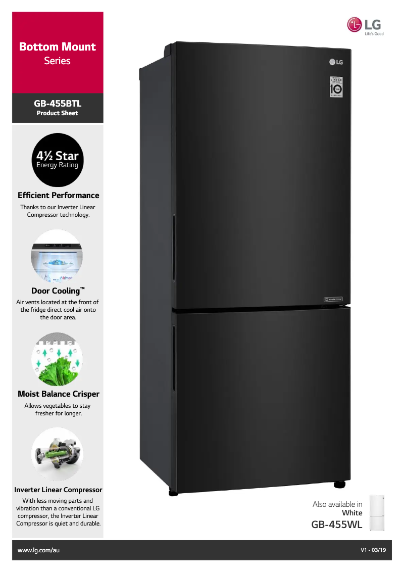 Page 1 de la notice Fiche technique LG GB-455BTL