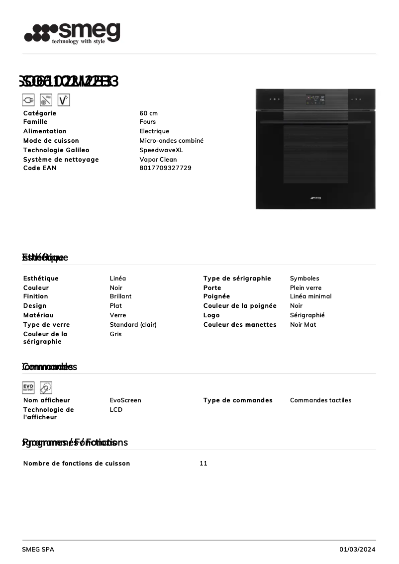 Page 1 de la notice Fiche technique Smeg SO6102M2B3