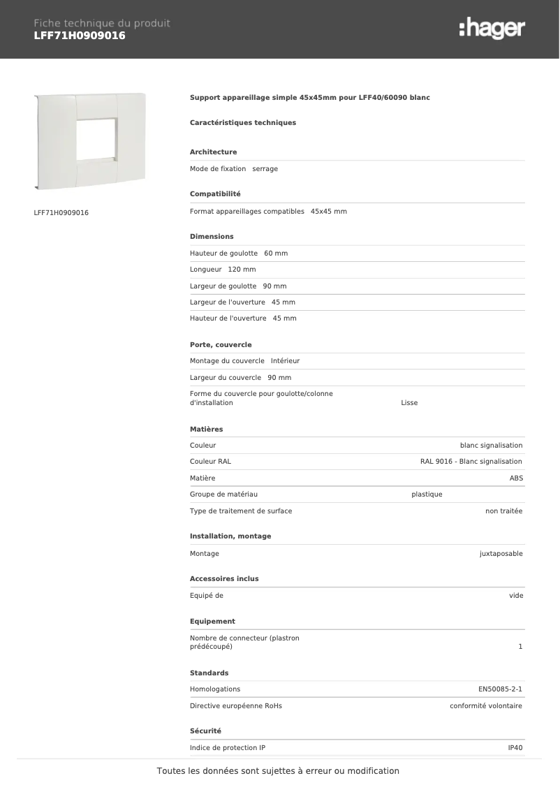 Page 1 de la notice Fiche technique Hager LFF71H0909016