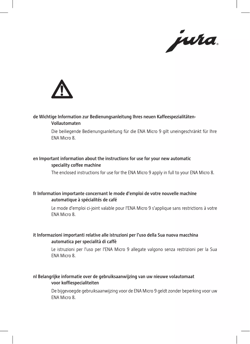 Page 1 de la notice Manuel utilisateur Jura ENA Micro 8 One Touch