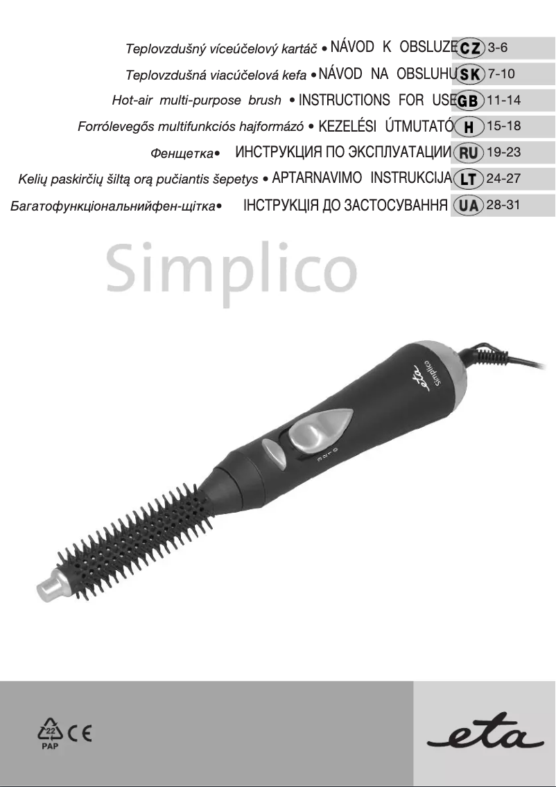 Page 1 de la notice Manuel utilisateur Eta Simplico