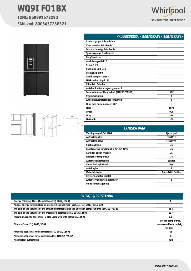 Page 1 de la notice Fiche technique Whirlpool WQ9I FO1BX
