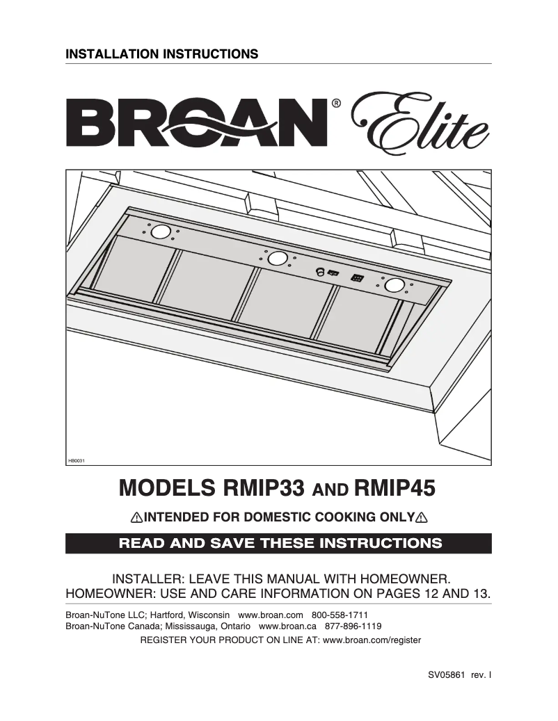 Page 1 de la notice Guide d'installation Broan Elite RMIP45