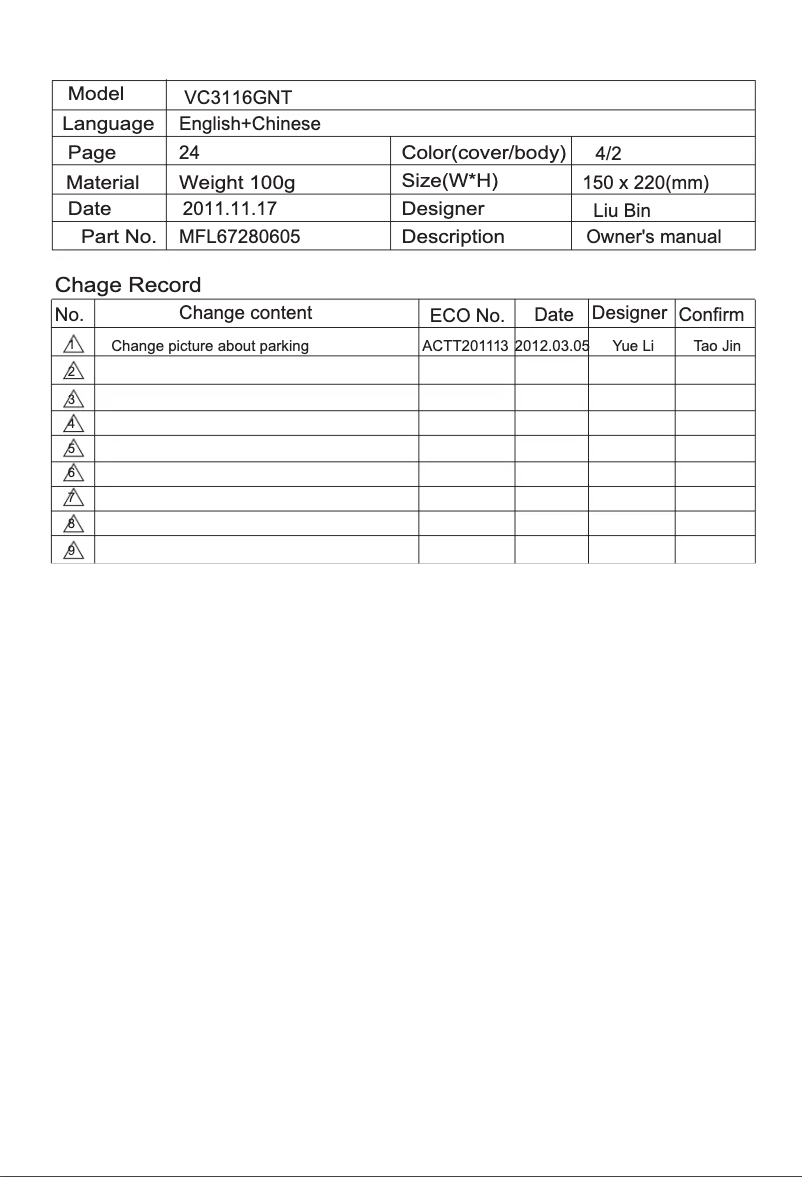 Page 1 de la notice Manuel utilisateur LG VC3116GNT