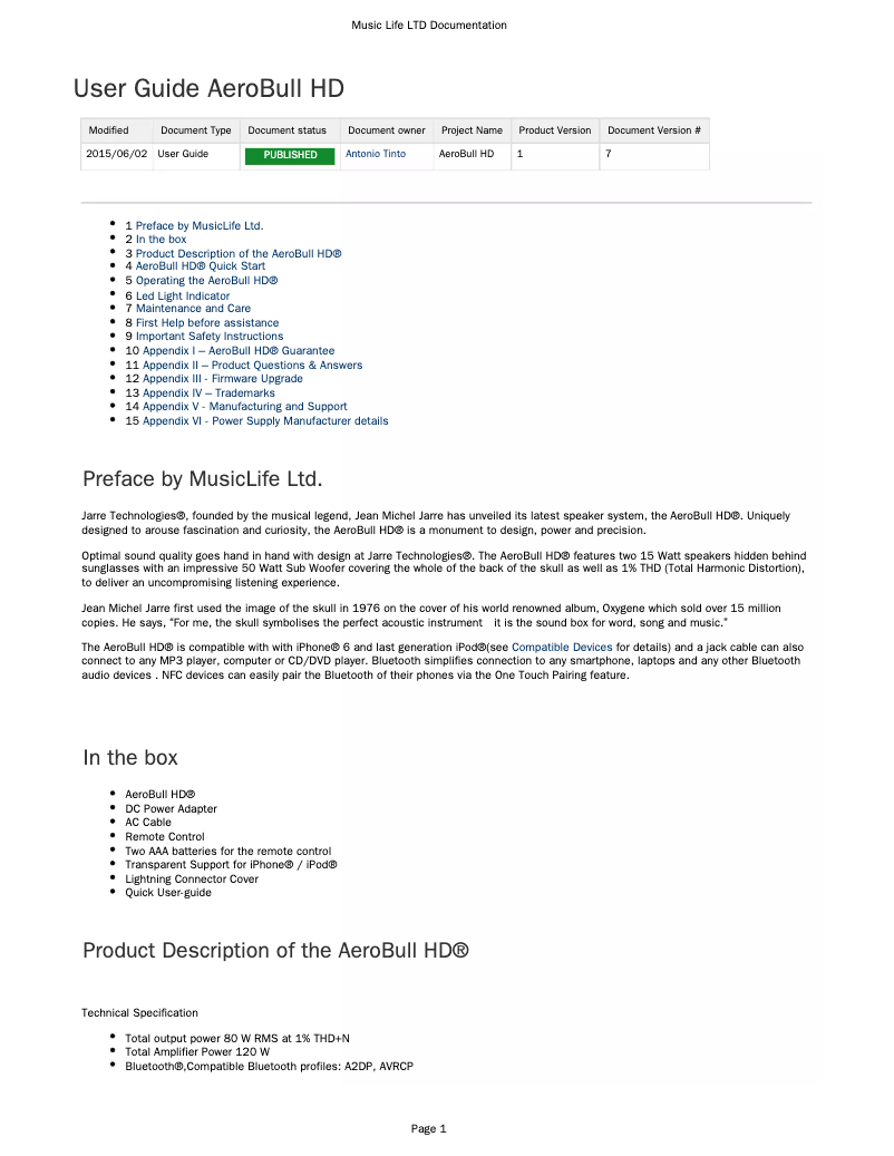 Page 1 de la notice Manuel utilisateur Jarre Technologies AeroBull HD