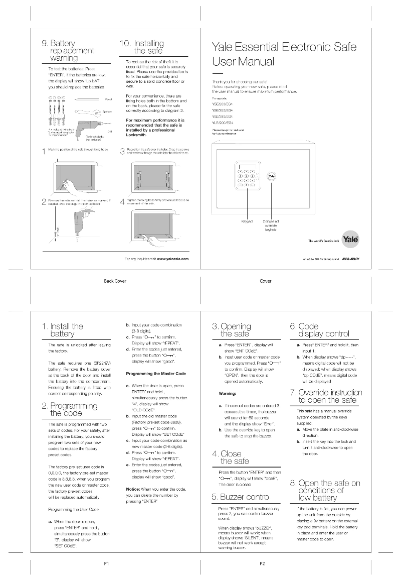 Page n°1 - Manuel utilisateur Yale YSE/200/EG4