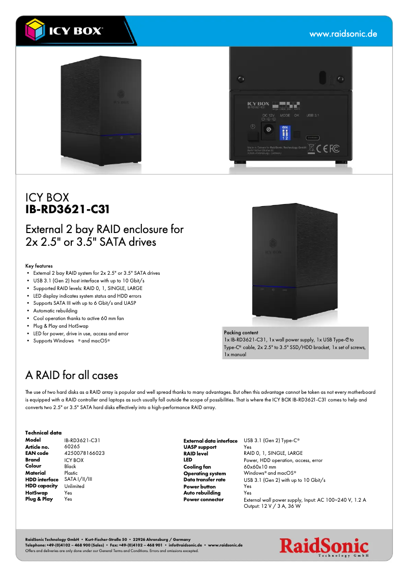 Page 1 de la notice Fiche technique Icy Box IB-RD3621-C31