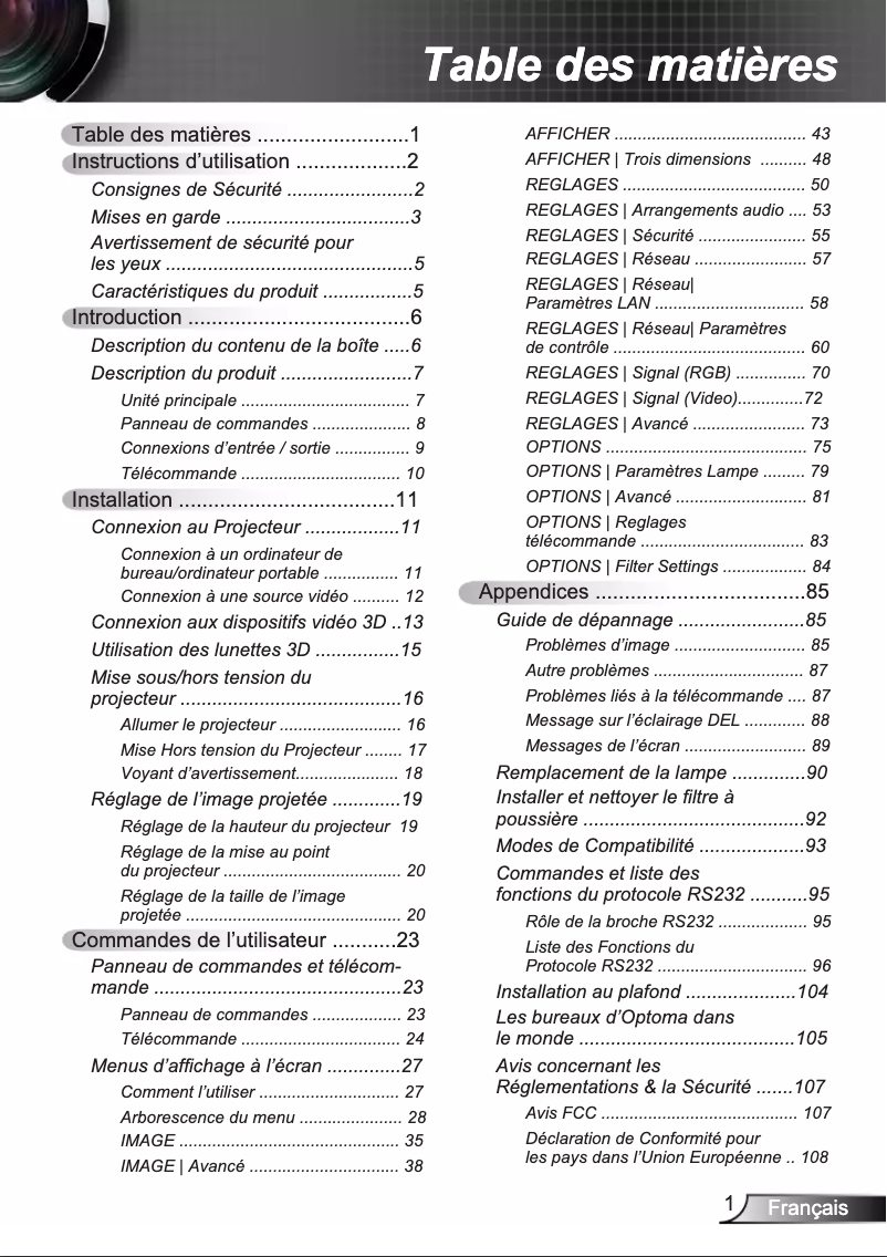 Page 1 de la notice Manuel utilisateur Optoma W319USTIRE