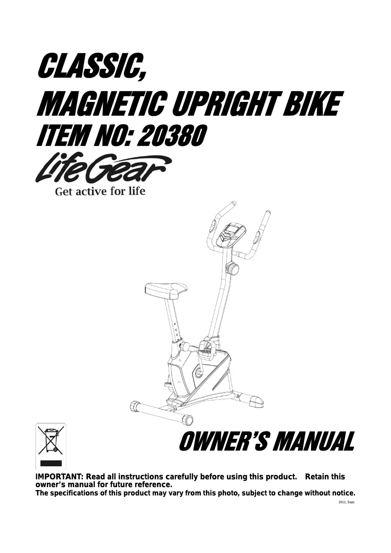 Página 1 del manual Manual de usuario Life Gear Classic Magnetic Upright Bike 20380
