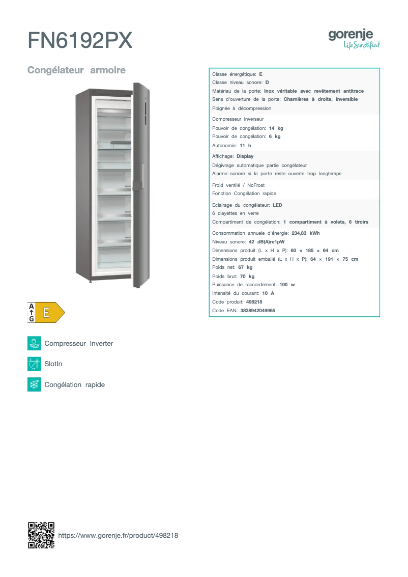 Page 1 de la notice Fiche technique Gorenje FN6192PX
